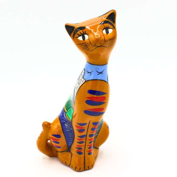 Vintage Mexican Talavera Cat Figurine Hand-Painted Clay Pottery Folk Art Decor - Picture 1 of 8